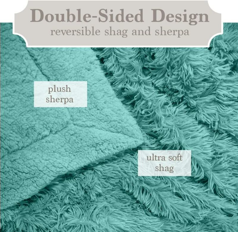 Photo 3 of The Connecticut Home Company Throw Blanket, Soft Plush Reversible Shag and Sherpa, Queen 90x90, Warm Thick Throws for Bed, Comfy Washable Bedding Accent Blankets for Sofa Couch Chair, Turquoise NEW 