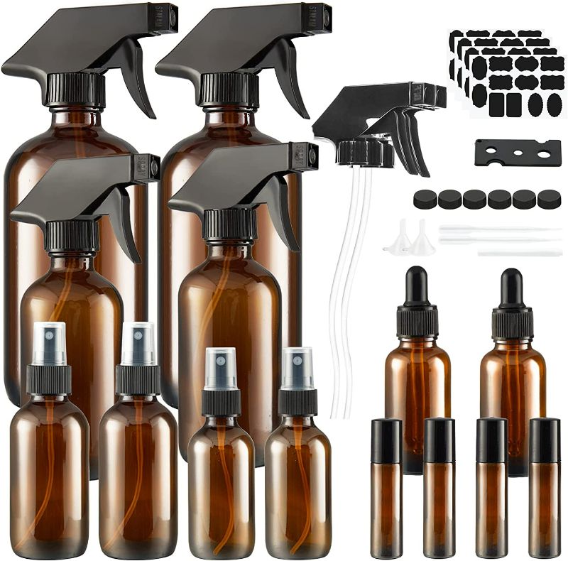 Photo 1 of Glass Spray Bottle Kit  (Amber Spray BottlesDropper Bottle/ Unknown Quantity) Amber Glass Spray Bottles Set Roller Bottles for Facial Moisturizing Cleaning Products or Aromatherapy, Gifts etc. NEW
