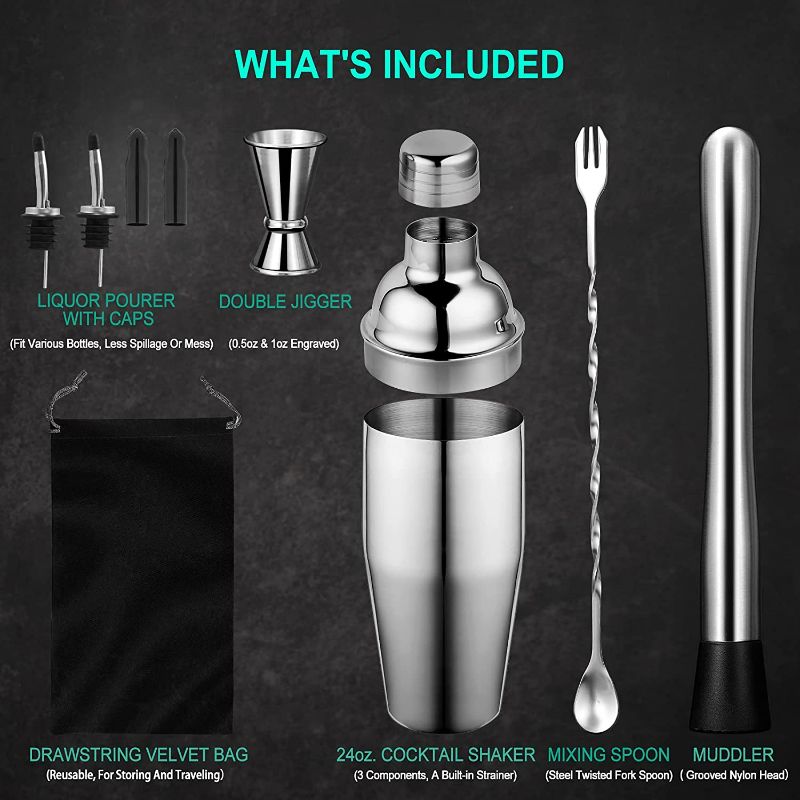 Photo 2 of 24 oz Cocktail Shaker Set Bartender Kit by Aozita, Stainless Steel Martini Shaker, Mixing Spoon, Muddler, Measuring Jigger, Liquor Pourers with Dust Caps and Manual of Recipes, Professional Bar Tools (Packaging Damaged but Item in Perfect Condition) NEW