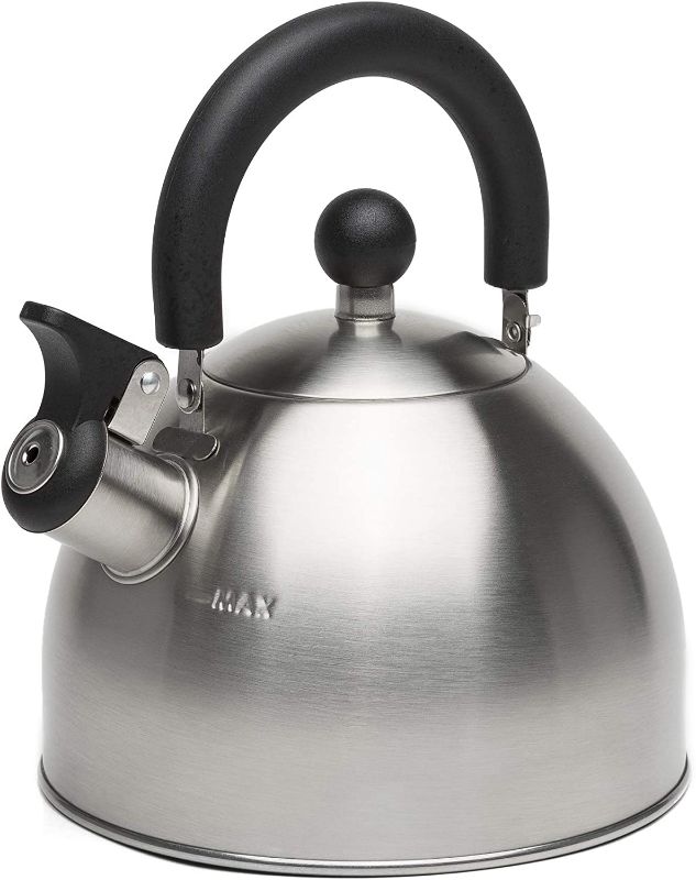 Photo 1 of Primula Stewart Whistling Stovetop Tea Kettle Food Grade Stainless Steel, Hot Water Fast to Boil, Cool Touch Folding, 1.5-Quart, Brushed with Black Handle NEW