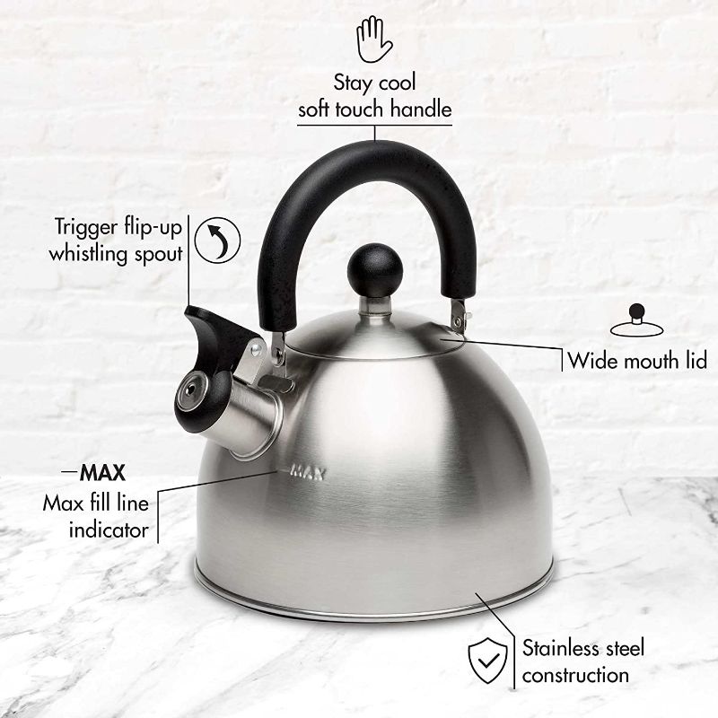 Photo 2 of Primula Stewart Whistling Stovetop Tea Kettle Food Grade Stainless Steel, Hot Water Fast to Boil, Cool Touch Folding, 1.5-Quart, Brushed with Black Handle NEW