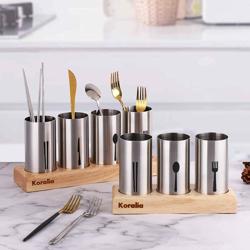 Photo 2 of Koralia Home Stainless Steel Flatware & Silverware 3PCOrganizer Organiser Cutlery Holder with Wood Base for Spoons, Forks, Knives – Ideal for Kitchen, Dining, and Much More (3PCS) NEW 