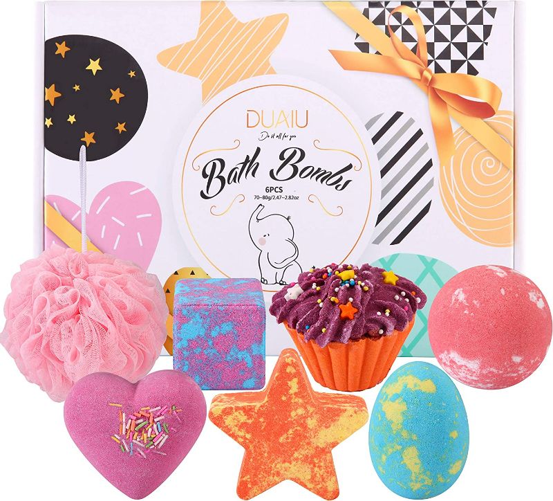 Photo 1 of Set, DUAIU Fizzy Bubble Bath 6pcs Bath Bomb Set for Kids Organic & Natural Bath Bombs with Essential Oils Kid-Friendly Fruit Fragrance and a Bathing Mesh Ball NEW 