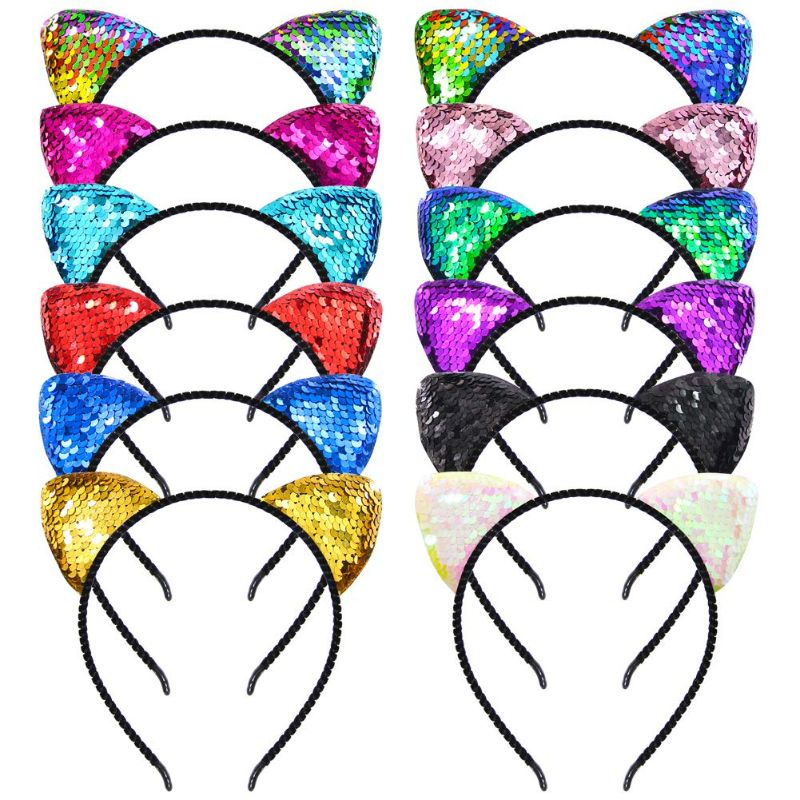 Photo 1 of Beinou 12 PCS Reversible Sequin Cat Ears Headband Shiny Cat Ear Hair Hoops Cute Bling Kitty Hairband Hair Accessories for Girls Women Daily Wearing and Party Decoration NEW