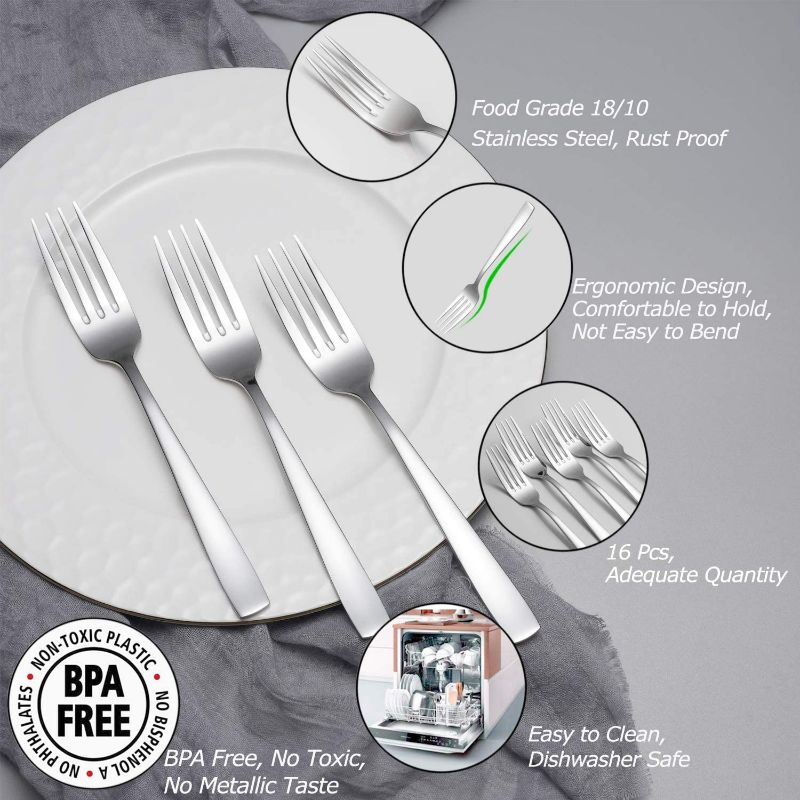 Photo 2 of 16 Piece Dinner Forks Set,Top Food Grade Extra-Fine Stainless Steel Forks with Squared Handle,Forks Silverware,Metal Forks for Home Kitchen Restaurant Hotel,Mirror Finish & Dishwasher Safe NEW