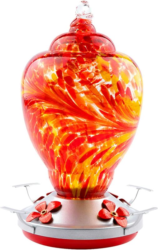 Photo 1 of WOSIBO Hummingbird Feeder for Outdoors Patio Large 32 Ounces Colorful Hand Blown Glass Hummingbird Feeder with Ant Moat Hanging Hook, Rope, Brush and Service Card (RED) NEW