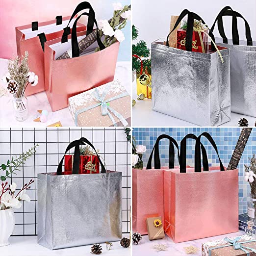 Photo 2 of 16pcs Glossy Reusable Grocery Shopping Bag Tote Bag with Handle Present Bag Christmas Gift Bags Bulk for Party Birthday (Rose Gold) NEW 