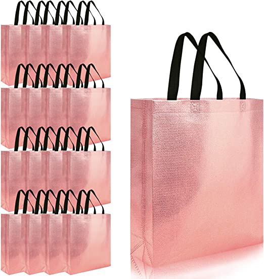 Photo 1 of 16pcs Glossy Reusable Grocery Shopping Bag Tote Bag with Handle Present Bag Christmas Gift Bags Bulk for Party Birthday (Rose Gold) NEW 