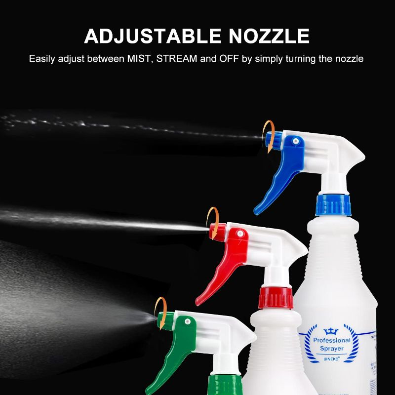 Photo 1 of Uineko Plastic Spray Bottle (3 Pack, 24 Oz, 3 Colors) Heavy Duty All-Purpose Empty Spraying Bottles Leak Proof Commercial Mist Water Bottle for Cleaning Solutions Plants Pet with Adjustable Nozzle NEW 