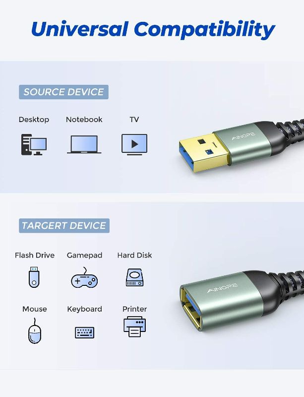 Photo 3 of USB Extension Cable 10FT Type A Male to Female USB 3.0 Extender Cord AINOPE High Data Transfer Compatible with Webcam,Gamepad, USB Keyboard, Flash Drive, Hard Drive, Printer NEW