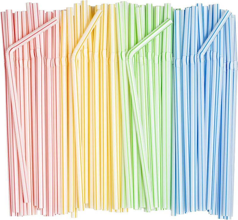 Photo 1 of [200 Pack] Flexible Disposable Plastic Drinking Straws - 7.75" High - Assorted Colors Striped NEW 