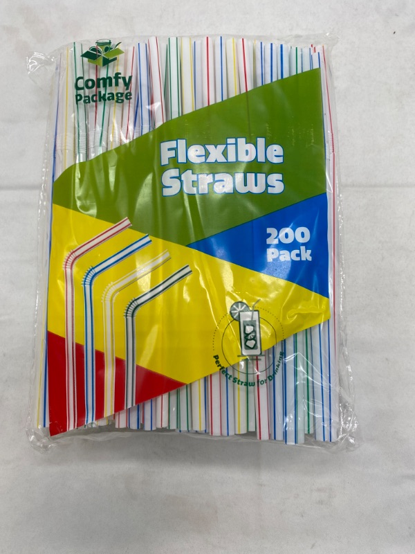 Photo 2 of [200 Pack] Flexible Disposable Plastic Drinking Straws - 7.75" High - Assorted Colors Striped NEW 