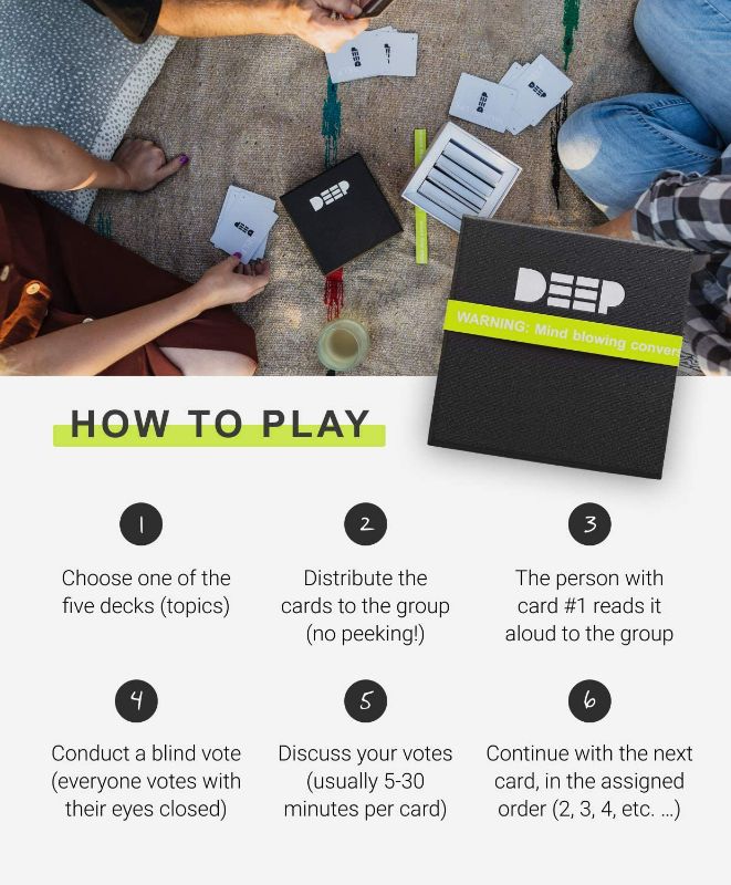 Photo 2 of THE DEEP 75 Thought Provoking Questions Card Game for Smart, Challenging, and Mind-Blowing Conversations - Perfect Game with Friends & Family for Deeper Conversations (Ages 14+) NEW