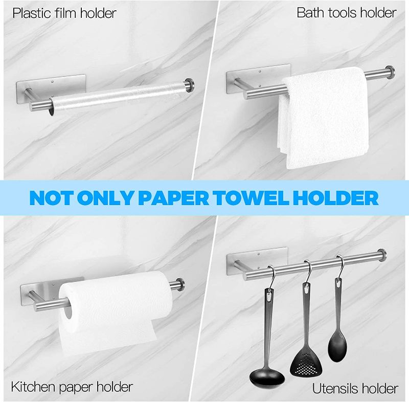 Photo 2 of Under Cabinet Paper Towel Holder - Self Adhesive or Drilling, SUS304 Stainless Steel Wall Mount Silver Towel Paper Holder for Kitchen, Pantry, Sink, Bathroom