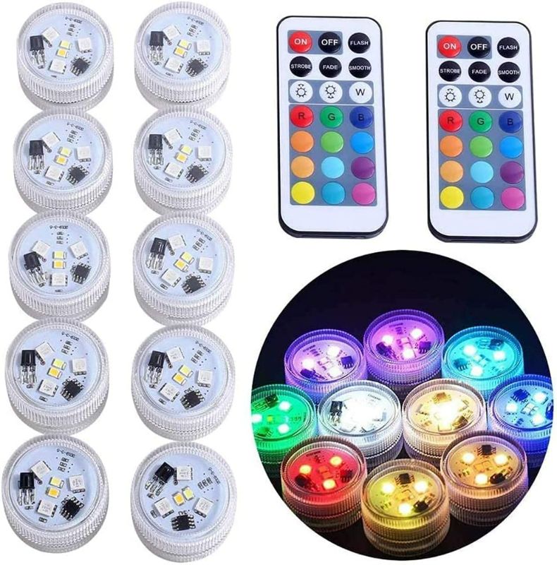 Photo 1 of Submersible Led Lights with Remote, Small Underwater Tea Lights Candles  Multicolor Flameless Accent Lights Battery Operated Vase Pool Pond Lantern Decoration Lighting (10pcs) NEW