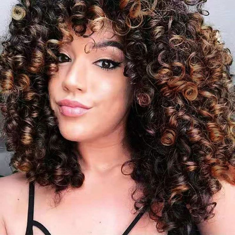 Photo 1 of HAIR Afro Curly Wig with Bangs Dark Brown Mixed Blonde Wigs Kinky Brown Highlights Synthetic Shoulder Length Wig for Black Women Full Wigs for Daily NEW 