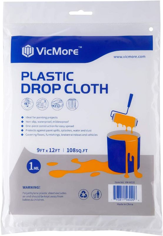 Photo 1 of VICMORE All-New Painters Plastic Drop Cloth 9 Feet by 12 Feet Plastic Painting Tarp Waterproof Plastic Cover Clear Tarp Plastic Sheeting (2 Pack)  NEW 