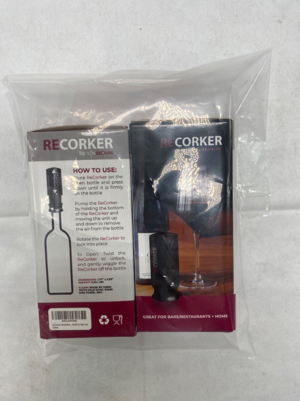 Photo 3 of (2 Pack) NEW! ReCorker: Revolutionary 1-piece Wine Stopper + Saver, Keeps wine fresh and seals a bottle for later use NEW