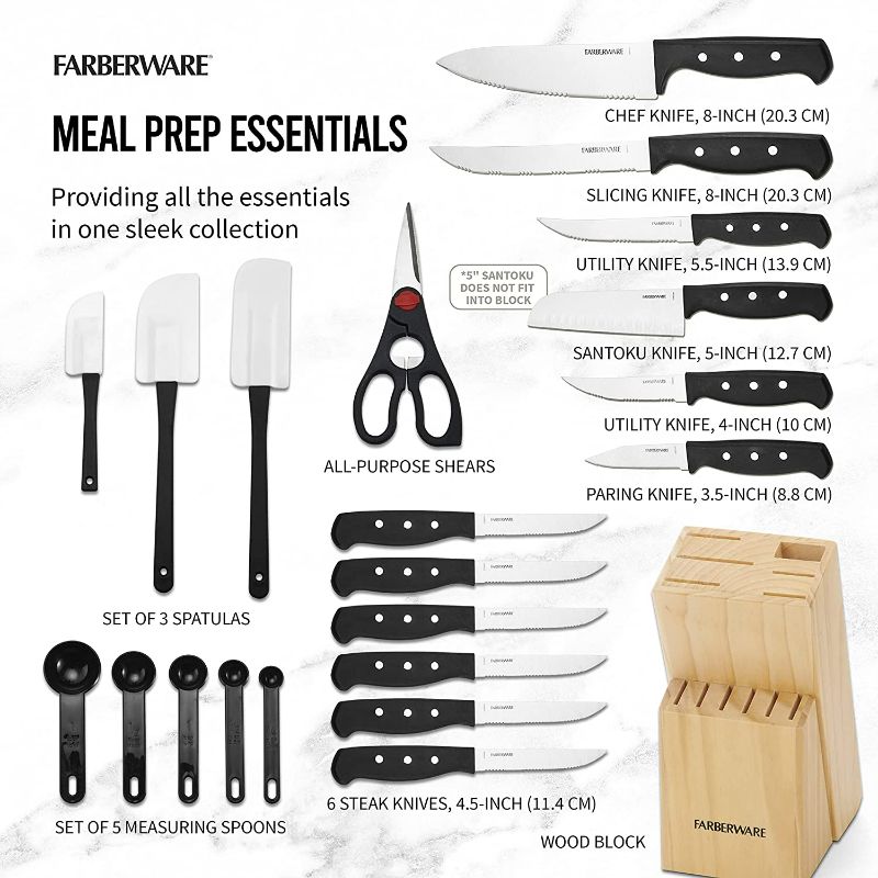 Photo 2 of Farberware 22-Piece Never Needs Sharpening Triple Rivet High-Carbon Stainless Steel Knife Block and Kitchen Tool Set, Black NEW