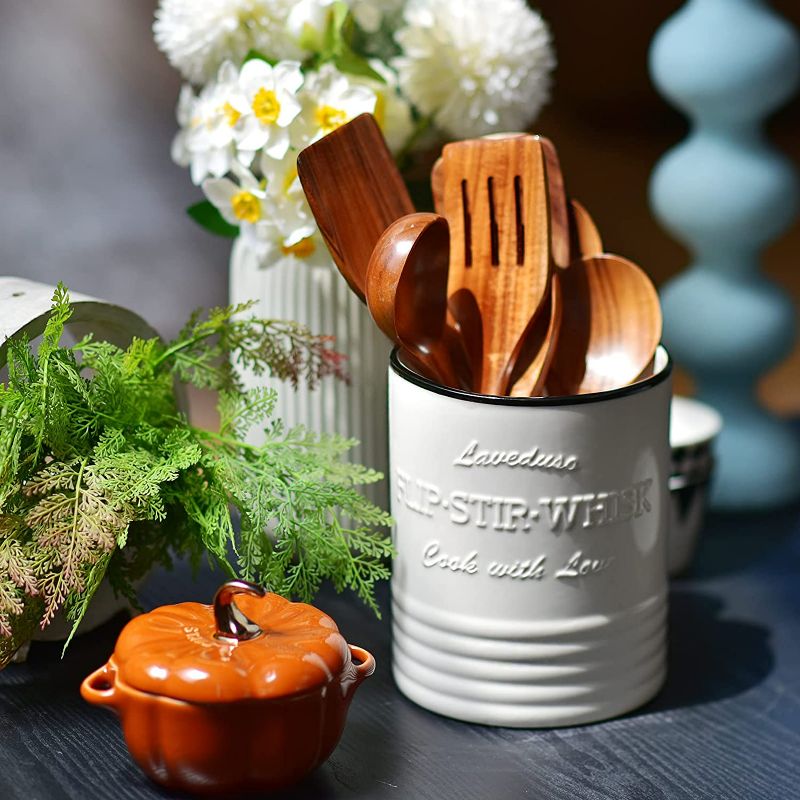 Photo 2 of Laveduso Utensil Holder, 7.2" Large Utensil Crock, Ceramic Utensil Holder for Countertop, with Cork mat, Stable and Easy to Clean, Vintage Cooking Utensil Holder for Farmhouse Kitchen Decor, White