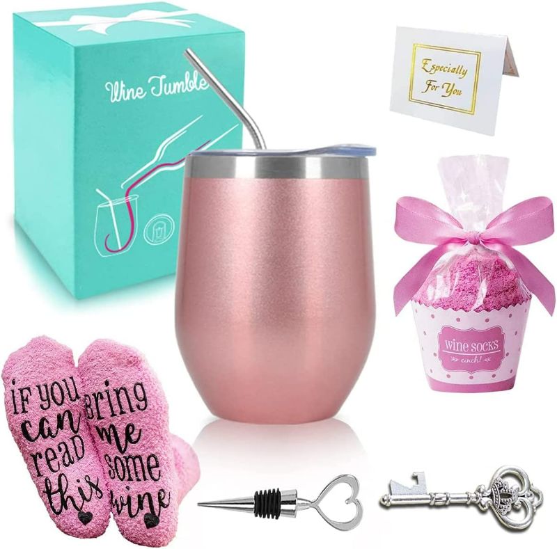 Photo 1 of Wine Tumbler with Cupcake Wine Socks Set Birthday Gifts for Women, 12 OZ Stainless Steel Rose Gold Wine Glass with Lid Wine Socks Key Bottle Opener Blessing Card Birthday Gifts Ideas for Her NEW 