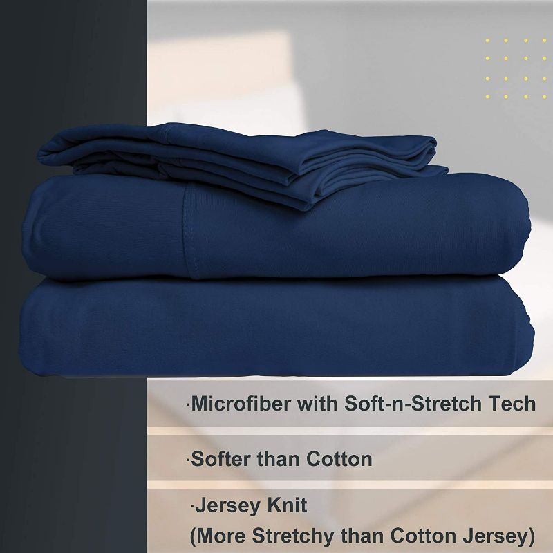 Photo 1 of N&Y HOME Stretch Sheets Set Queen Size - Microfiber Jersey Knit & T-Shirt Like Extra Soft, 4 Way Stretchy Bed Sheets to Fit Most Mattress, Wrinkle Resistant - 4 Piece Sets, Navy, Queen NEW 