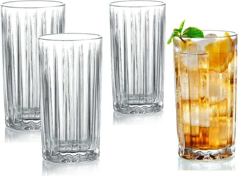 Photo 2 of KING CRYSTAL Drinking Glasses Set of 4,14 Ounce Cocktail Highball Glasses Tall Cups for Summer Drink Textured Designer Glassware for Beer Trendy and Elegant Design Dishware NEW