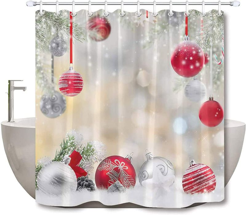 Photo 1 of LB Christmas Shower Curtain Set Cedar Snowflake Fashion Red Silvery Balls Bathroom Curtain with Hooks,Xmas Holiday Decorations 72x72 inch Waterproof Polyester Fabric Bathtub Curtain  NEW