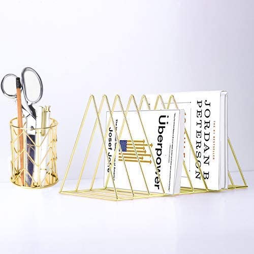 Photo 2 of Desktop Organizer 2 Piece Desk Accessories Set - Magazine File Rack Book Record Triangle File Divider, Pencil Cup Pencil Holder,Office Desk Supplies Decor Home Office (Rose Gold) NEW 