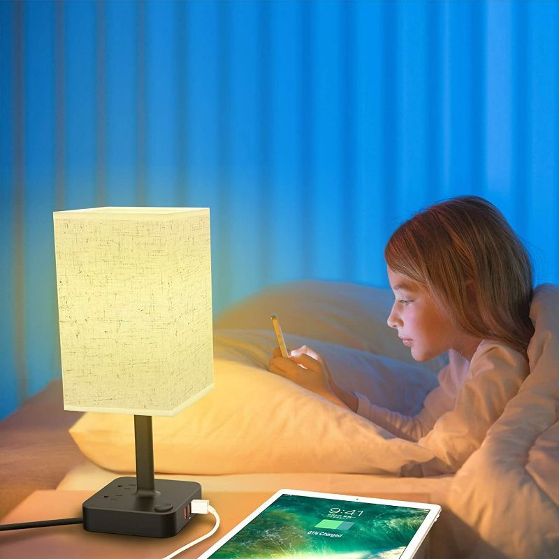 Photo 1 of cozoo USB Bedside Table Desk Lamp with USB Charging Ports and 2 Outlets Power Strip,Black Charger Base with White Fabric Shade, LED Light for Bedroom/Nightstand/Living Room/Dorm/Home Office/College NEW