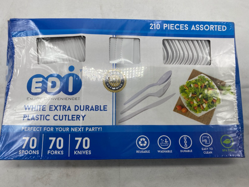 Photo 2 of [210 Piece] EDI White Disposable Plastic Cutlery Set, Assorted - 70 Forks, 70 Knives, 70 Spoons | Extra Durable NEW 