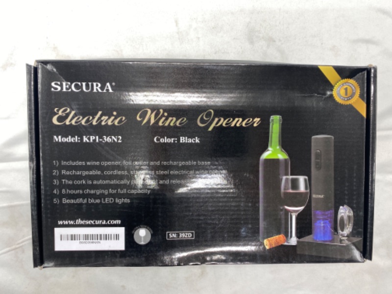 Photo 2 of Secura Electric Wine Opener, Automatic Electric Wine Bottle Corkscrew Opener with Foil Cutter, Rechargeable (Black) NEW