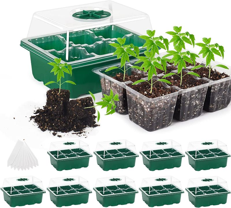 Photo 1 of MIXC 10 Set Seedling Trays Seed Starter Kit, 60 Large Cells Mini Propagator Plant Grow Kit with Humidity Vented Domes and Base for Seeds Starting Greenhouse (6 Cells per Tray) NEW 