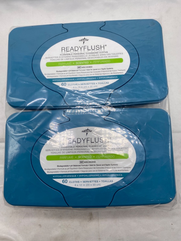 Photo 2 of (2 Pack) Medline ReadyFlush Large Adult-Sized 8x12 Personal Cleansing Cloths - Tub of 60 Flushable Wipes Tub of 60 ReadyFlush NEW 