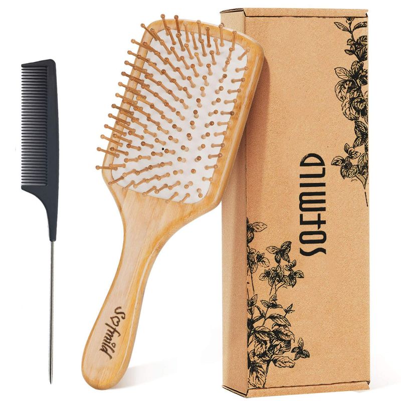 Photo 1 of Hair Brush-Natural Wooden Bamboo Brush and Detangle Tail Comb Instead of Brush Cleaner Tool, Eco Friendly Paddle Hairbrush for Women Men and Kids Make Thin Long Curly Hair Health and Massage Scalp NEW