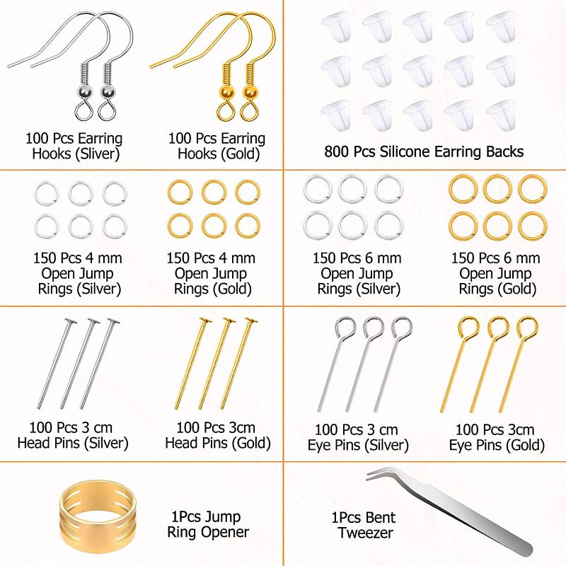 Photo 2 of Hypoallergenic Earring Making Kit, modacraft 2000Pcs Earring Making Supplies Kit with Hypoallergenic Earring Hooks, Earring Findings, Earring Backs, Earring Pins Jump Rings for Jewelry Making Supplies NEW