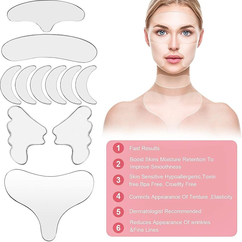 Photo 1 of SATINIOR 11 Pieces Reusable Silicone Chest Wrinkle Pads Patches, Silicone Neck Wrinkle Patches Pad Forehead Pad Set Cleavage Pad Eye Cheek Stick Valentine's Day Gift NEW 
