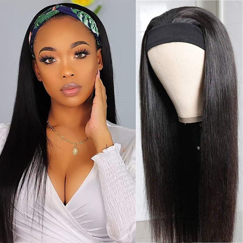 Photo 1 of Headband Wig Human Hair Straight Headband Wigs for Black Women Glueless None Lace Front Human Hair Headband Wig Brazilian Virgin Hair Machine Made Human Hair Wigs Black Headband Wig  NEW 