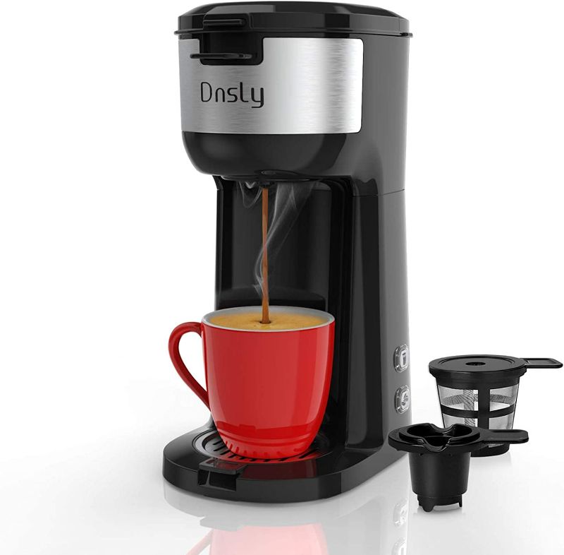 Photo 1 of Dnsly Coffee Maker Single Serve, for Capsule Pod & Ground Coffee 2 in 1 Dual Hot Coffee Machine, Comes with Travel Mug Strength-Controlled Self Cleaning Function Portable Coffee Brewer, Advanced Black