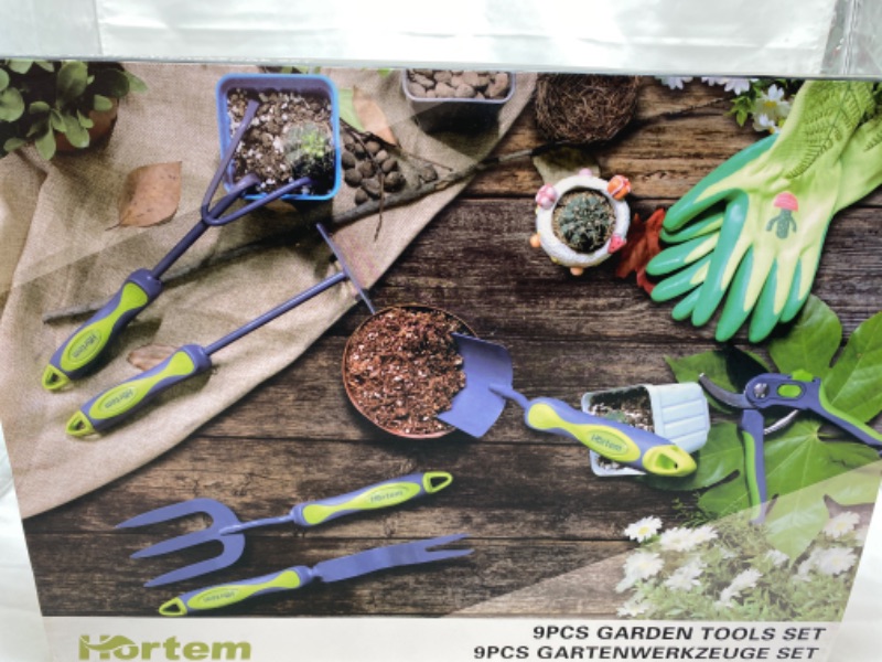Photo 2 of Hortem Garden Tools Set, 9PCS Gardening Tools Include Durable Steel Trowel Set, Large Garden Tote Bag, Garden Gloves and Hand Pruner, Gardening Gifts for Women Men NEW 