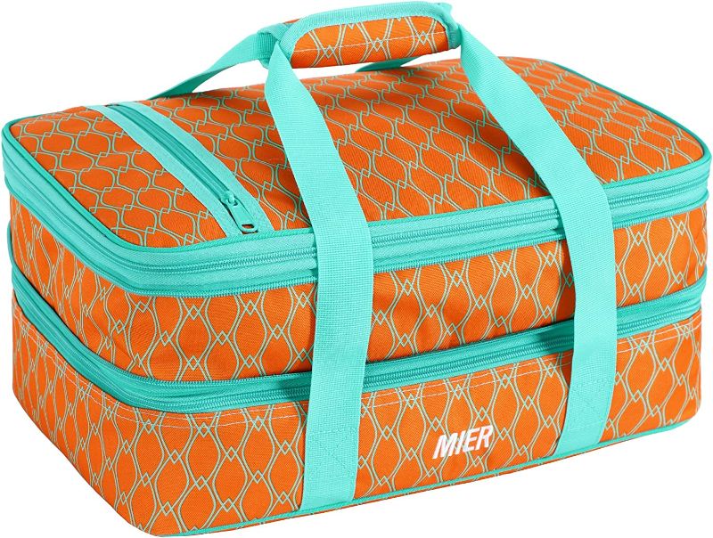 Photo 1 of MIER Insulated Double Casserole Carrier Thermal Lunch Tote for Potluck Parties, Picnic, Beach, Fits 9 x 13 Inches Casserole Dish, Expandable by Mid Zipper, Orange NEW 