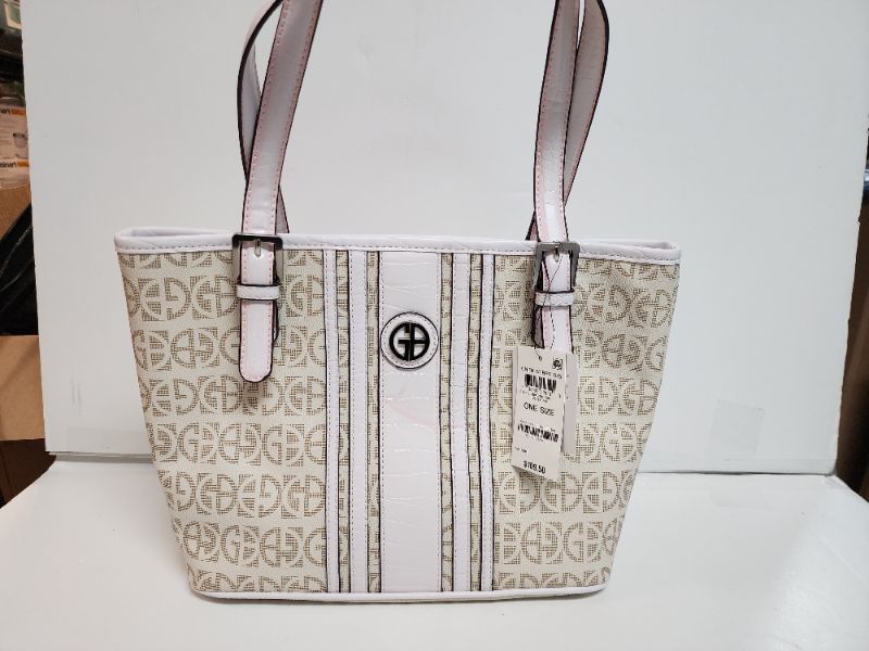 Photo 1 of GIANI BERNINI Women's Ivory Signature Logo Textured Tonal Center Stripe Double Flat Strap Tote Handbag Purse