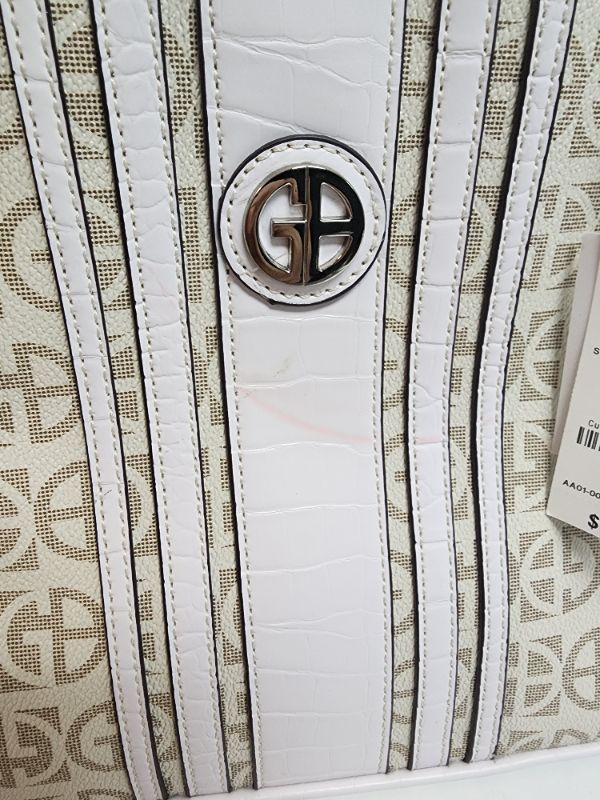 Photo 2 of GIANI BERNINI Women's Ivory Signature Logo Textured Tonal Center Stripe Double Flat Strap Tote Handbag Purse