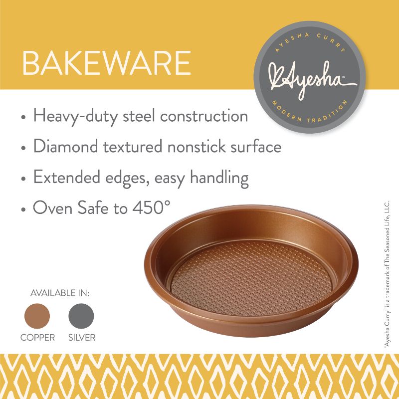 Photo 2 of Ayesha Curry Nonstick Bakeware Round Cake Pan, 9", Copper. Essential bakeware for home chefs who emulate Ayesha Curry's signature style of stylish simplicity. Heavy-duty, high-performance steel construction boasts extended edges for easy handling in and o