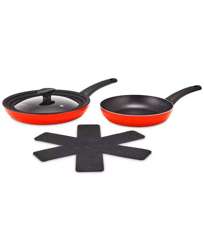 Photo 1 of Bella 4 Pieces Aluminum Frypan Set. Set includes 9" and 11" frypans, universal lid, cookware protector. Stay-cool handles
Nonstick coating free of BPA, PFOA and PFOS. Compatible with gas, electric, glass and ceramic stovetops. Aluminum; protector: polyest