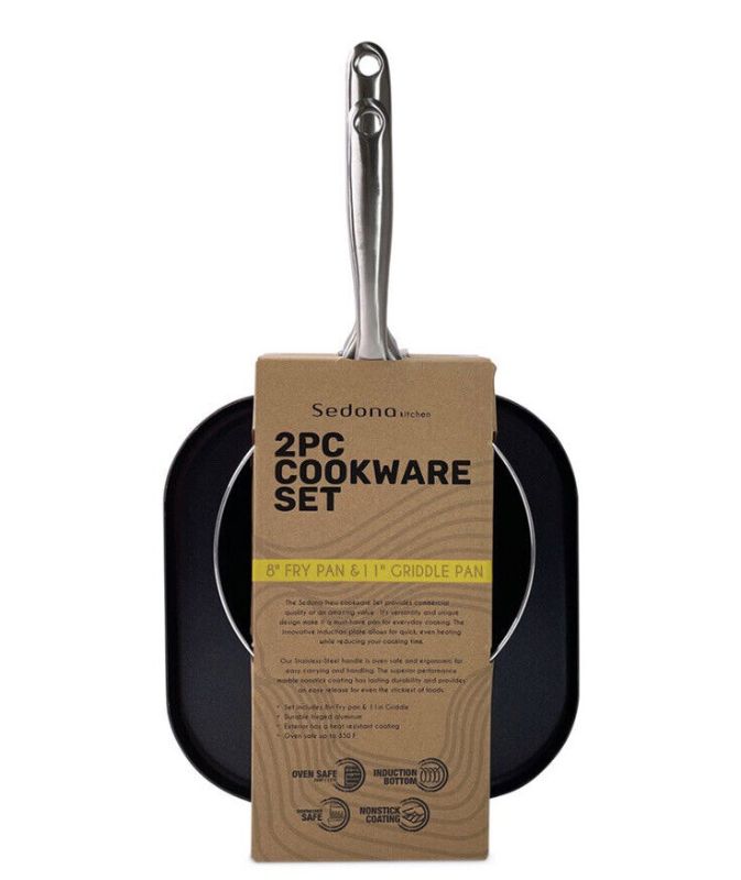 Photo 2 of Sedona Forged Aluminum 8" Fry Pan and 11" Griddle Pan 2-PIECE Cookware Set, Yellow. 8" FRY PAN &11" GRIDDLE PAN
Durable forged aluminum Exterior has a heat resistant coating. Oven safe up to 350F