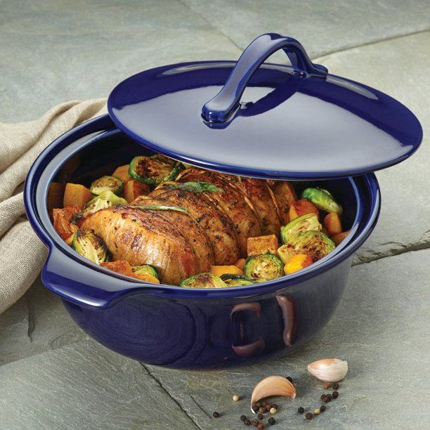 Photo 1 of Anolon Vesta Stoneware 2.5 qt Casserole in Cobalt Blue. Compose oven-baked and other kinds of culinary creations in a whole new key of delicious, with the Anolon Vesta Stoneware 2-1/2-Quart Round Casserole. The durability and functionality of Vesta Stonew