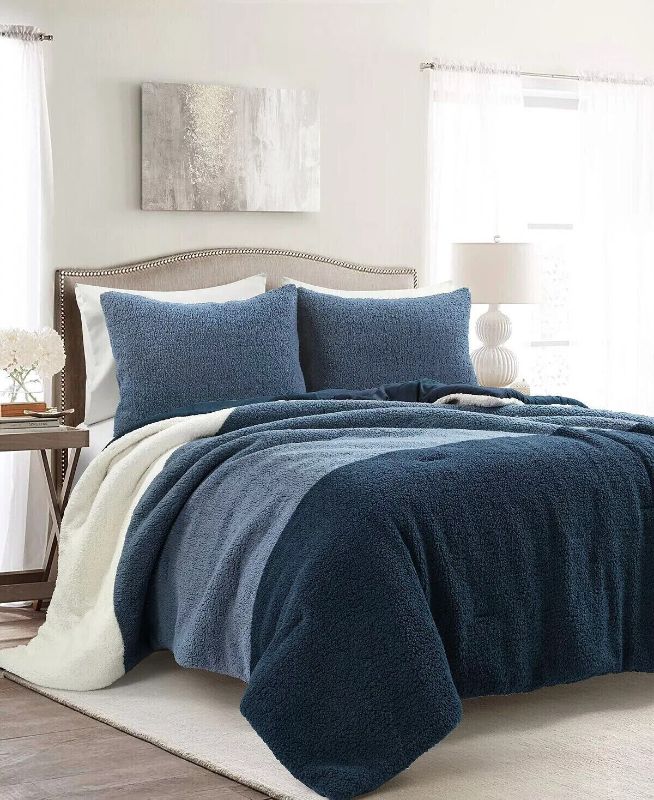 Photo 1 of FULL/ QUEEN THE MOUNTAIN HOME COLLECTION Farmhouse Sherpa Blue REVERSIBLE, 3PC Full/Queen Comforter Set. Slumber in style and comfort with this super soft comforter set featuring a classic and timeless color block design. The sherpa fabric is sure to keep