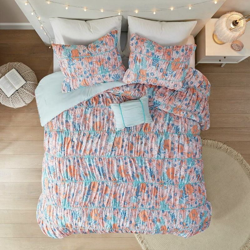 Photo 5 of Twin / Twin XL Luxury Pink & Blue Ruched Floral Comforter Set AND Decorative Pillow. Update your bedroom with the springtime charm of the Intelligent Design Mae Floral Printed Ruched Comforter Set. This ruched comforter features a colorful pink and blue f