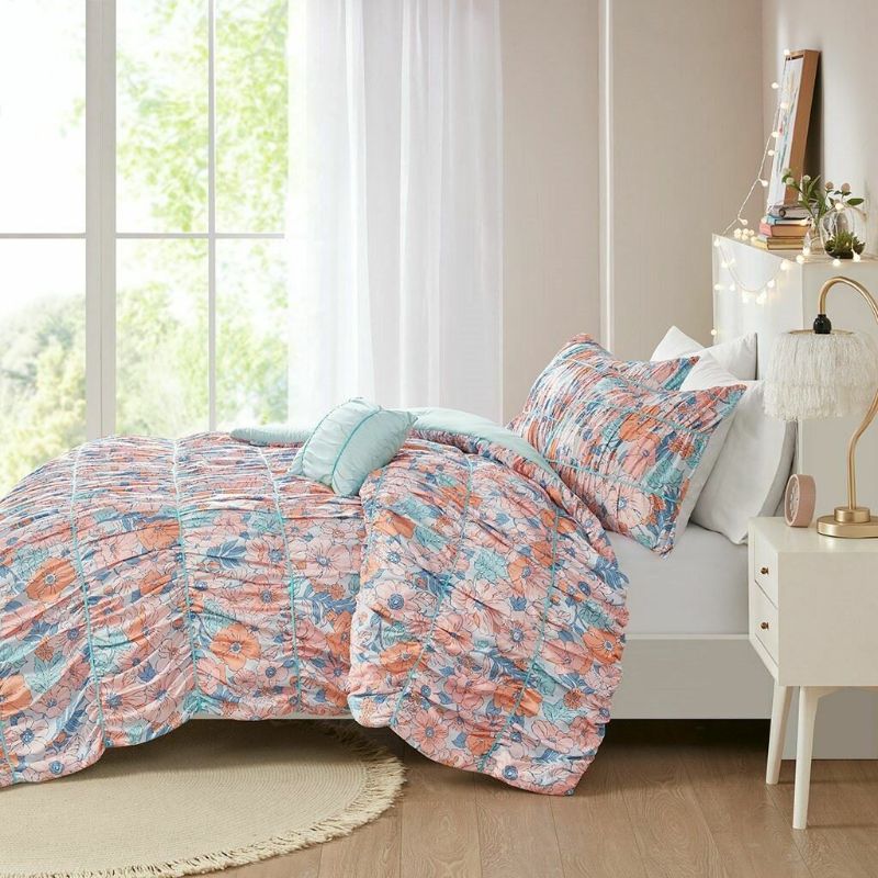 Photo 2 of Twin / Twin XL Luxury Pink & Blue Ruched Floral Comforter Set AND Decorative Pillow. Update your bedroom with the springtime charm of the Intelligent Design Mae Floral Printed Ruched Comforter Set. This ruched comforter features a colorful pink and blue f